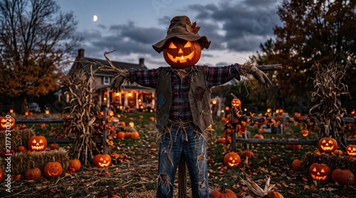 Pumpkin head scarecrow surrounded by glowing jack-o'-lanterns at Halloween