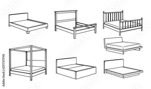Картината върху платно Bed frame outline icon collection with platform wooden metal and modern bedroom