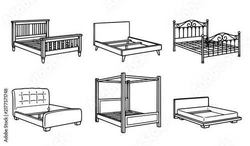 Фотография Bed frame line art icon set with wooden metal platform and bedroom furniture out