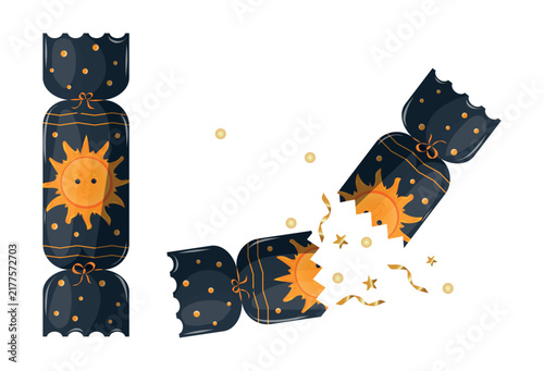 Open and Closed Christmas Cracker Vector Set with Flying Confetti and Sun Pattern Isolated on White Background