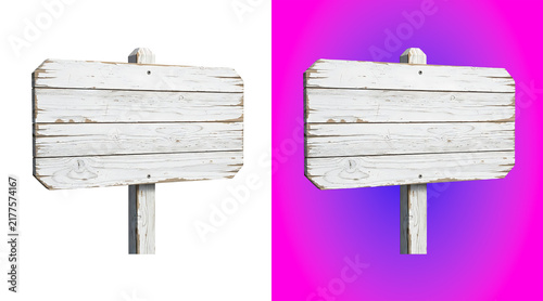 Photography A rustic wooden signpost with a weathered white painted finish, isolated on a wh