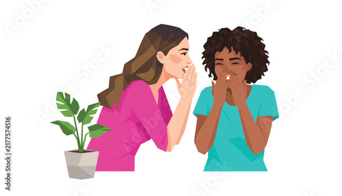 Woman whispers secrets to smiling friend while standing near potted plant against solid light pink background for social media.