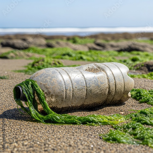 An old weathered plastic bottle rests amongst damp sand and green seaweed, highlighting environmental pollution on a wild coastal shoreline, ecological, environment, nature