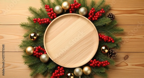 Circular light wood plate centered on a wooden table with seasonal evergreen sprigs, red berries, and golden festive ornaments all around, ornament, surface, craft