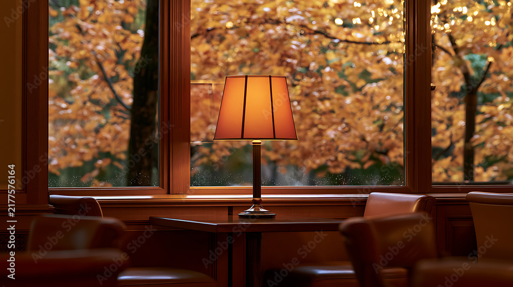 Obraz premium Cozy autumn interior with a warm glowing desk lamp placed on a wooden table beside a large window overlooking colorful foliage outside