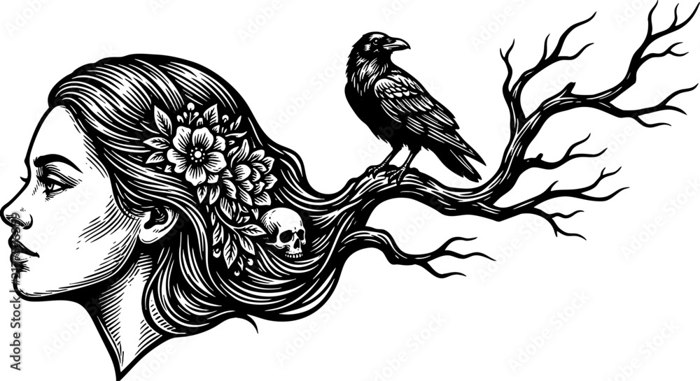 Obraz premium Gothic Woman with Raven and Skull Woodcut Illustration