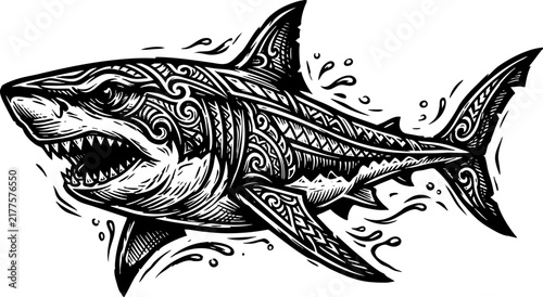 Tribal Great White Shark Woodcut Illustration with Ethnic Patterns