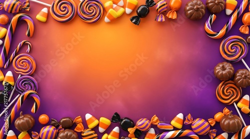 Halloween 3D decorative background with copy space featuring colorful candies and pumpkins against a gradient