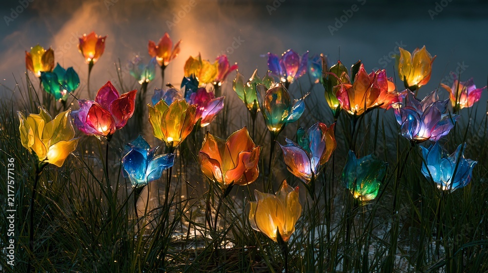 Obraz premium Grassy field holds scattered hand-blown glass blooms, sunset rays caught in clear petals, rainbow reflections drifting through mist