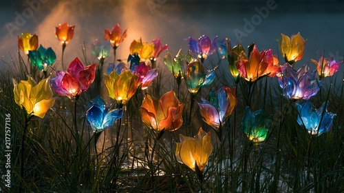 Grassy field holds scattered hand-blown glass blooms, sunset rays caught in clear petals, rainbow reflections drifting through mist