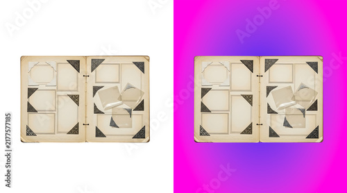 Принти на полотні An open vintage album with empty pages and decorative corner mounts, isolated on