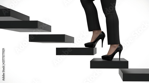 A woman wearing black trousers and heels stepping up on floating black stairs against a plain white background