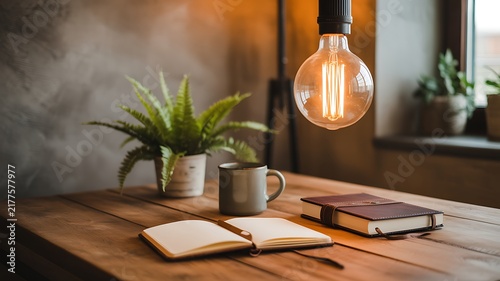 A wooden desk featuring an open notebook, a closed journal, a coffee mug, and a green fern plant under a glowing bulb