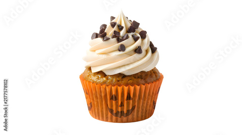 Delicious chocolate chip cupcake with vanilla frosting in a festive orange halloween paper liner
