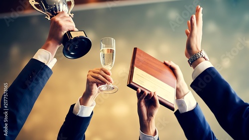 Business colleagues raising a golden trophy, a wooden and a glass of champagne to celebrate a major achievement