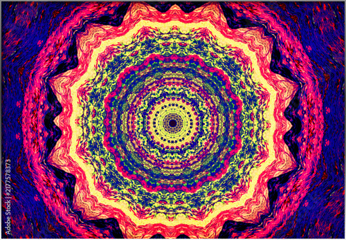 A vibrant mandala with concentric circles displays an intricate pattern in pink, purple, and yellow hues. The symmetrical design draws the viewer's eye to the central point.