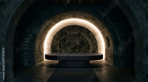 Gothic medieval stone arch tunnel, old castle passage with circular illuminated niche and dark interior, atmospheric dungeon corridor for spooky fantasy horror backgrounds