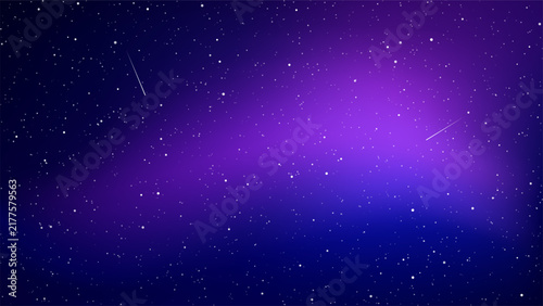Purple and blue starry night sky with glowing nebula and shooting stars. Deep space galaxy background. Astronomy, cosmos and universe concept for design, wallpaper and banner