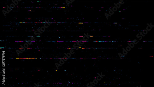 Glitch noise texture on black background. Abstract digital distortion with colorful horizontal streaks and pixel noise. Cyber error screen effect for technology and hacking concept design.