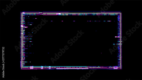 Glitch rectangle frame on black background. Digital distortion effect with pixel noise and signal error. Abstract cyber technology concept for web design, banner and poster