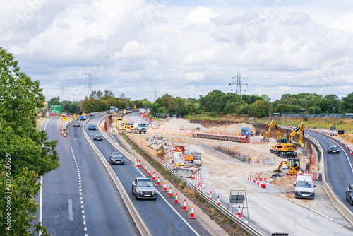 Road construction and excavation at the Thickthorn Interchange upgrade, a major A11-A47 junction near Norwich, UK