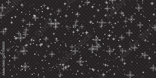 Falling Snowflakes with Sparkles and Dots Pattern Overlay Vector Background on Dark Transparent Grid for Winter Holiday Designs