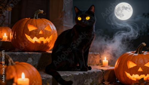 Black cat with glowing eyes among jack-o'-lanterns under full moon