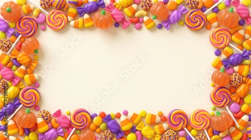 Whimsical Halloween 3D decorative background with copy space featuring colorful candy border