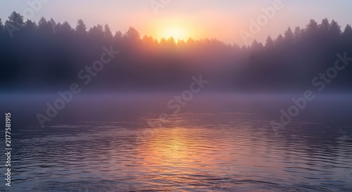 A dense morning mist rolls over a calm river at dawn, obscuring the distant forest and creating a serene, mysterious, and moody atmosphere, peace, environment, stillness