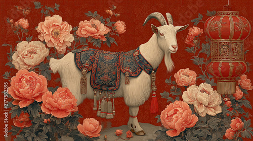 Red lanterns hang above a proud goat surrounded by peonies