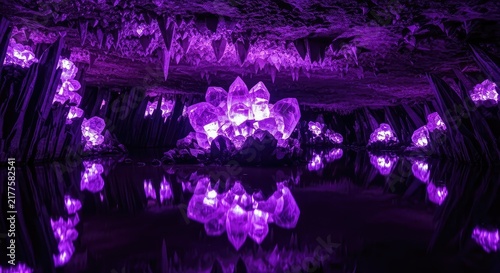 A mysterious underground cavern glows with ethereal purple light, illuminating sharp crystal clusters and calm, mirror-like dark water pools, violet, mystical, nature