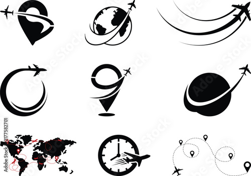 Travel and tourism vector icon collection featuring world map, airplanes, flight paths, location pins, clock and journey symbols for vacation, navigation, and international travel.