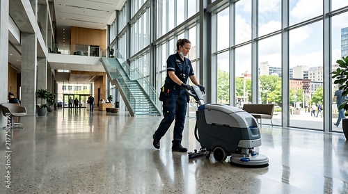Professional cleaner using floor scrubber machine in a modern office building lobby