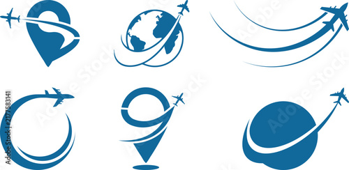 Travel and tourism vector icon collection featuring world map, airplanes, flight paths, location pins, clock and journey symbols for vacation, navigation, and international travel.