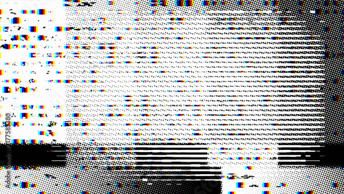 Fotografía Static Interference: A chaotic visual of static interference across a television screen, with distorted lines and pixelated blocks creating a digital breakdown aesthetic