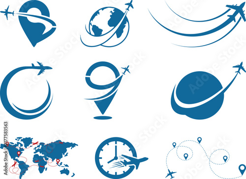 Travel and tourism vector icon collection featuring world map, airplanes, flight paths, location pins, clock and journey symbols for vacation, navigation, and international travel.