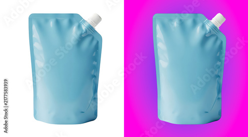 Light blue plastic liquid pouch with white screw cap, isolated on a white background, mockup for beverage, juice, or soap refill packaging bag
