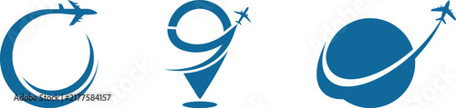 Travel and tourism vector icon collection featuring world map, airplanes, flight paths, location pins, clock and journey symbols for vacation, navigation, and international travel.