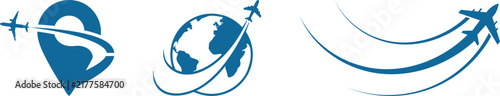 Travel and tourism vector icon collection featuring world map, airplanes, flight paths, location pins, clock and journey symbols for vacation, navigation, and international travel.