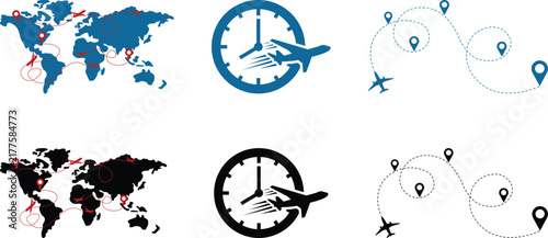 Travel and tourism vector icon collection featuring world map, airplanes, flight paths, location pins, clock and journey symbols for vacation, navigation, and international travel.