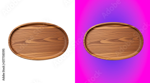 Canvas Print Oval wooden serving tray with natural grain texture, isolated on a white backgro