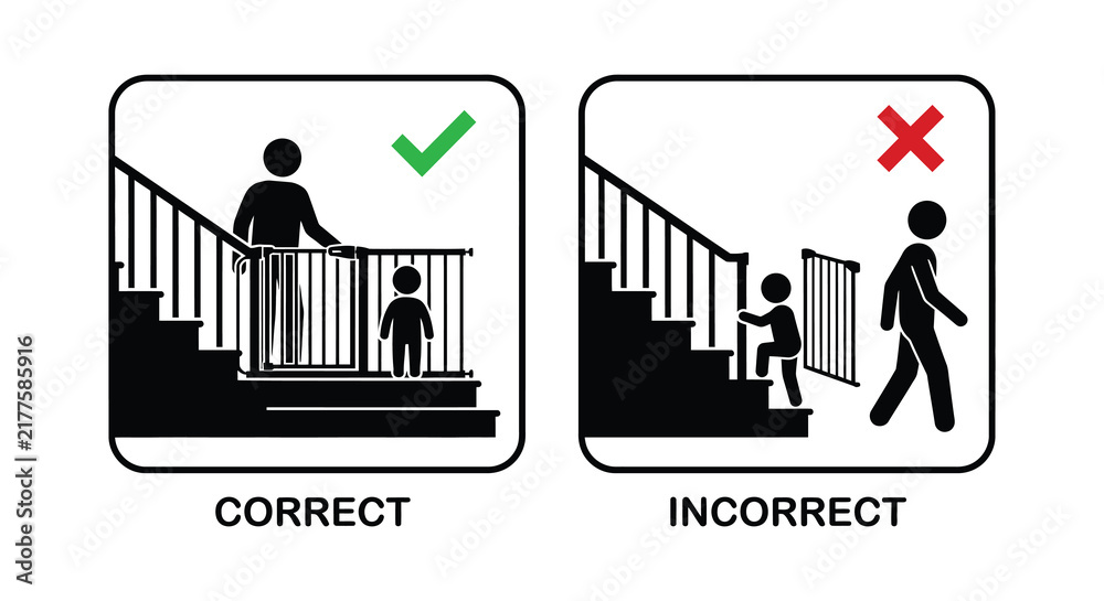 Obraz premium Stairway safety pictogram demonstrates correct and incorrect child gate usage