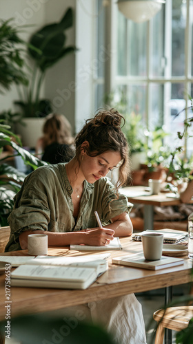 Creative Focus: A young woman engrossed in writing, surrounded by lush indoor plants and natural light, in a serene cafe setting. She is focused on her work.