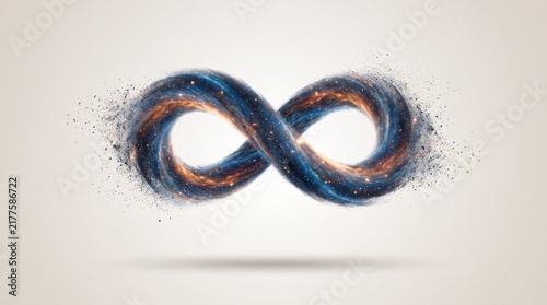 Infinity symbol shaped cosmic nebula dissolving into particles against a plain light gray background