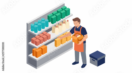 Grocery store worker stocking shelves with products.