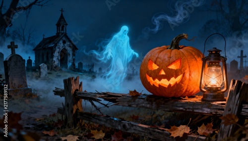Glowing ghost in haunted cemetery with jack-o'-lantern for Halloween