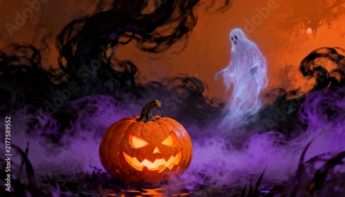 Glowing ghost and jack-o'-lantern in purple Halloween fog