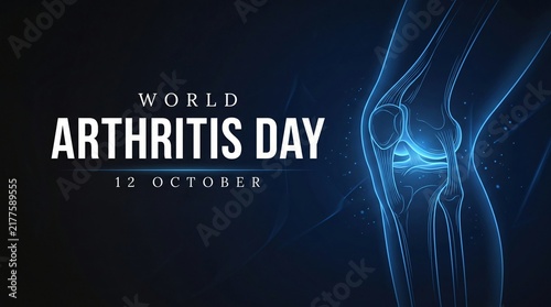 World Arthritis Day concept with glowing digital human knee joint anatomy on dark background