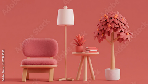 Cozy living room interior with pink armchair and wooden furniture