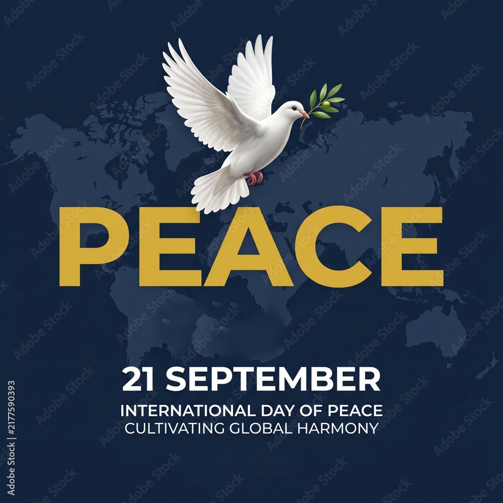 Obraz premium International Day of Peace poster with flying white dove and world map background